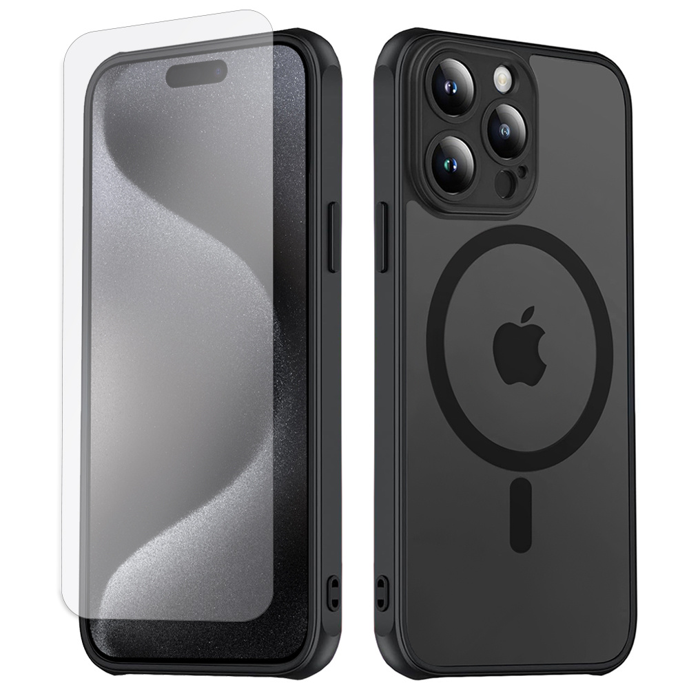 Magsafe Hülle Für Iphone 15 Pro Max, Hybrid Matte Lens Pro, Schwarz + Displayschutzfolie