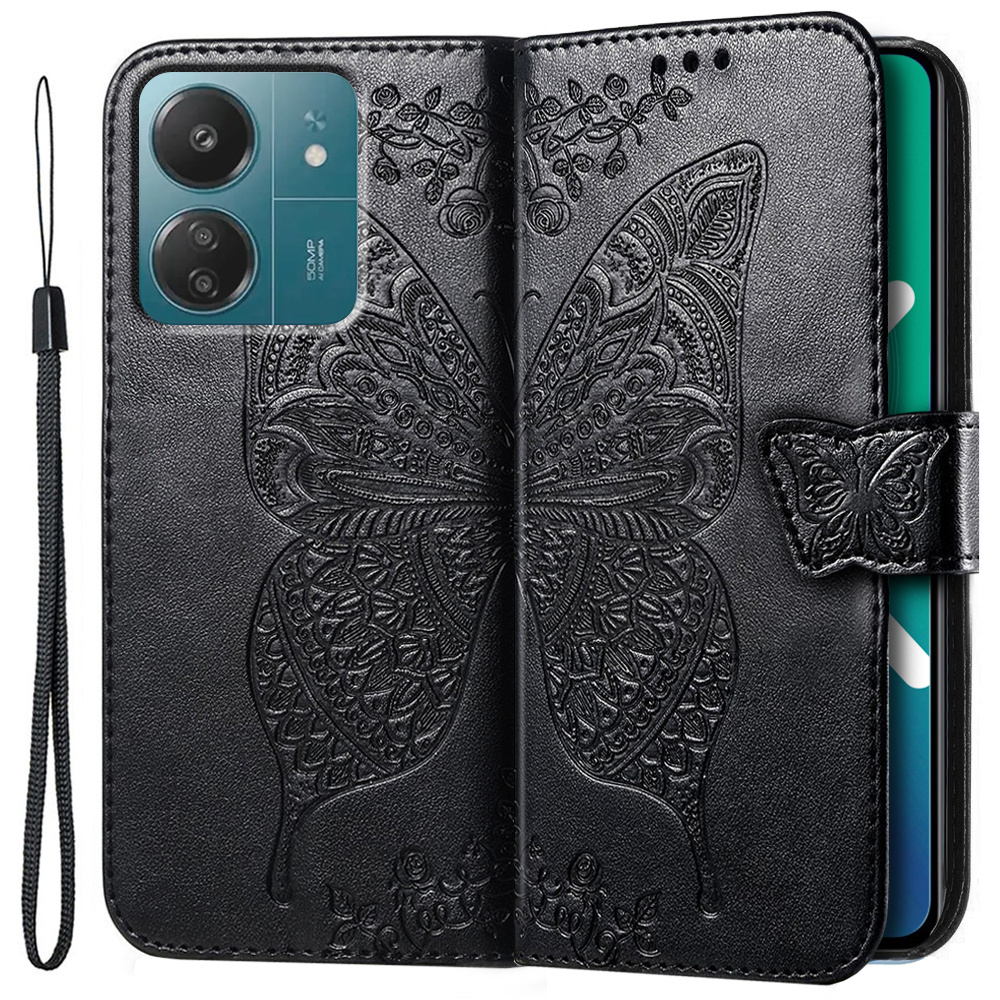 Klapphülle Für Xiaomi Redmi 13c / Poco C65, Schmetterlingsmotiv, Schwarz