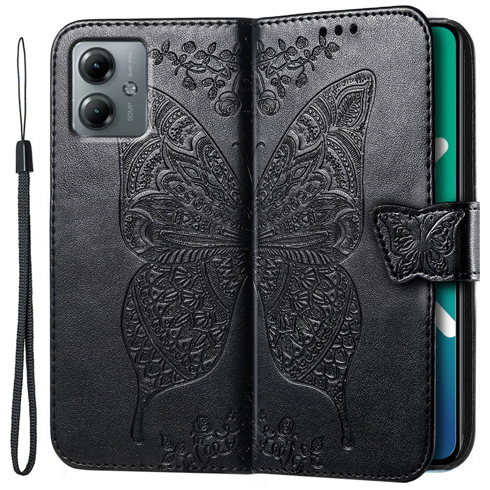 Klapphülle Für Motorola Moto G14, Schmetterling, Schwarz