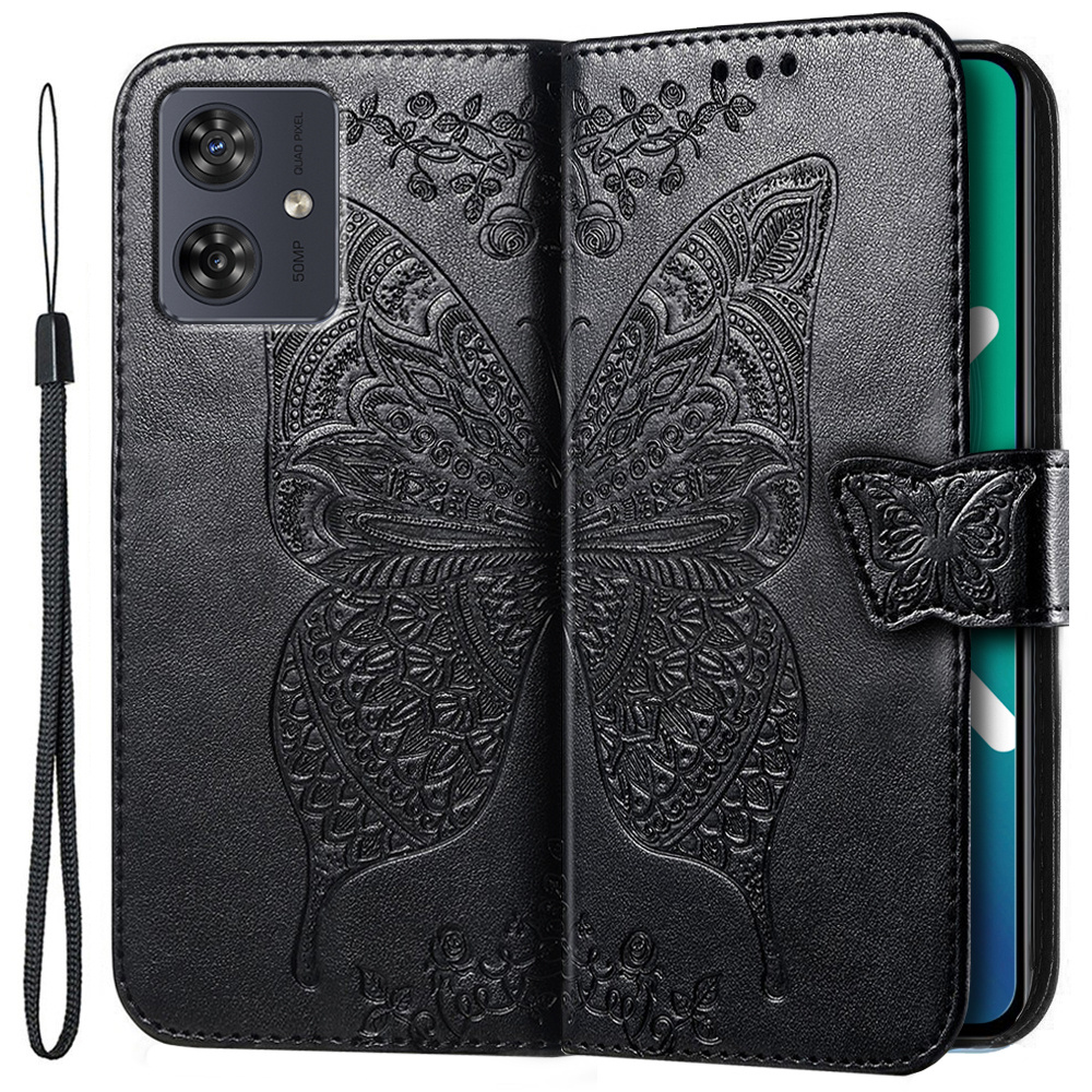 Klapphülle Für Motorola Moto G54 5g, Schmetterling, Schwarz