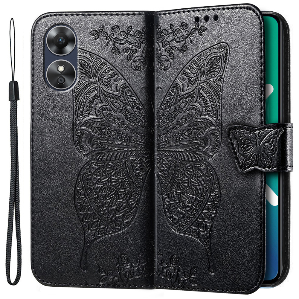 Klapphülle Für Oppo A17, Schmetterling, Schwarz