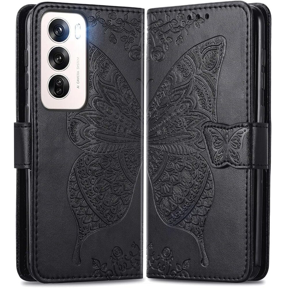 Klapphülle Für Oppo Reno 12 Pro, Schmetterling, Schwarz