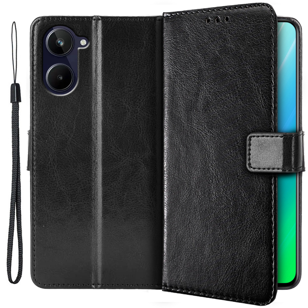 Realme 10 4g Flip Case, Spaltleder, Schwarz