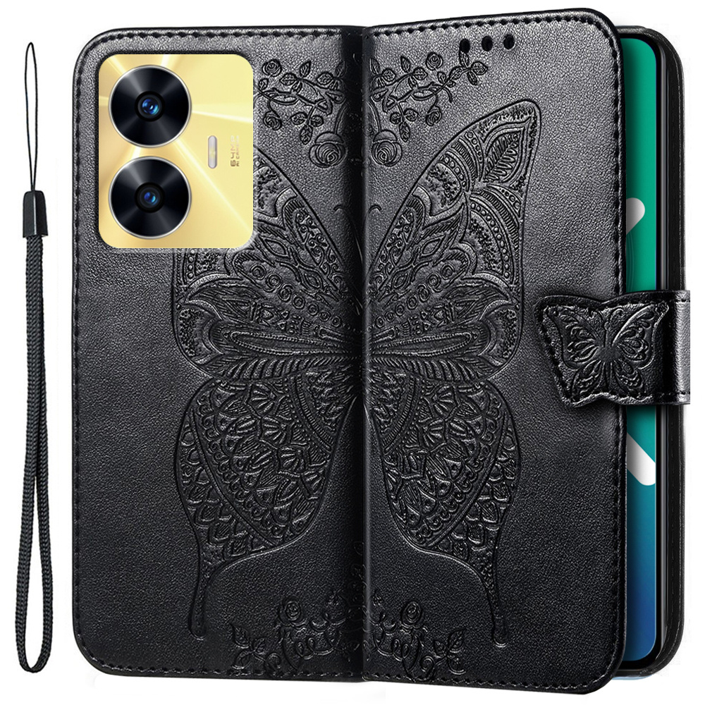 Realme C55 Butterfly Flip Case, Schwarz