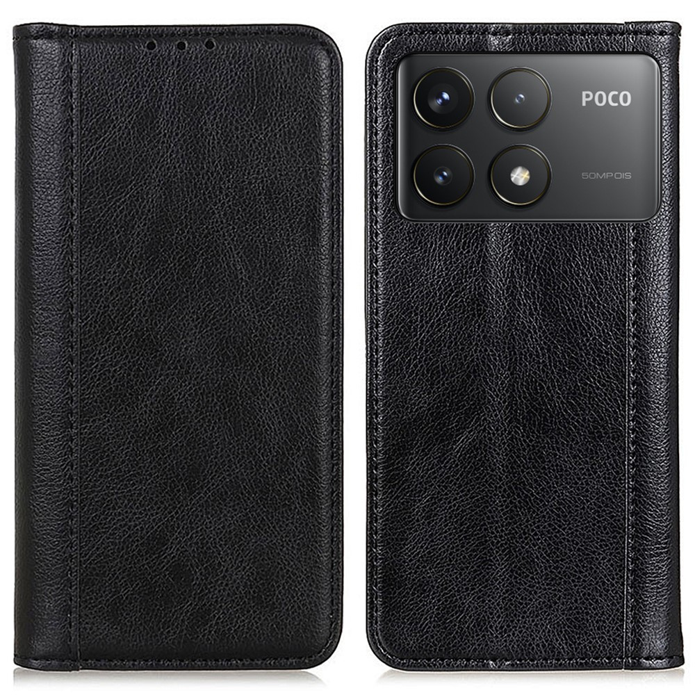 Flip-case Für Xiaomi Poco F6 Pro, Spaltleder, Schwarz