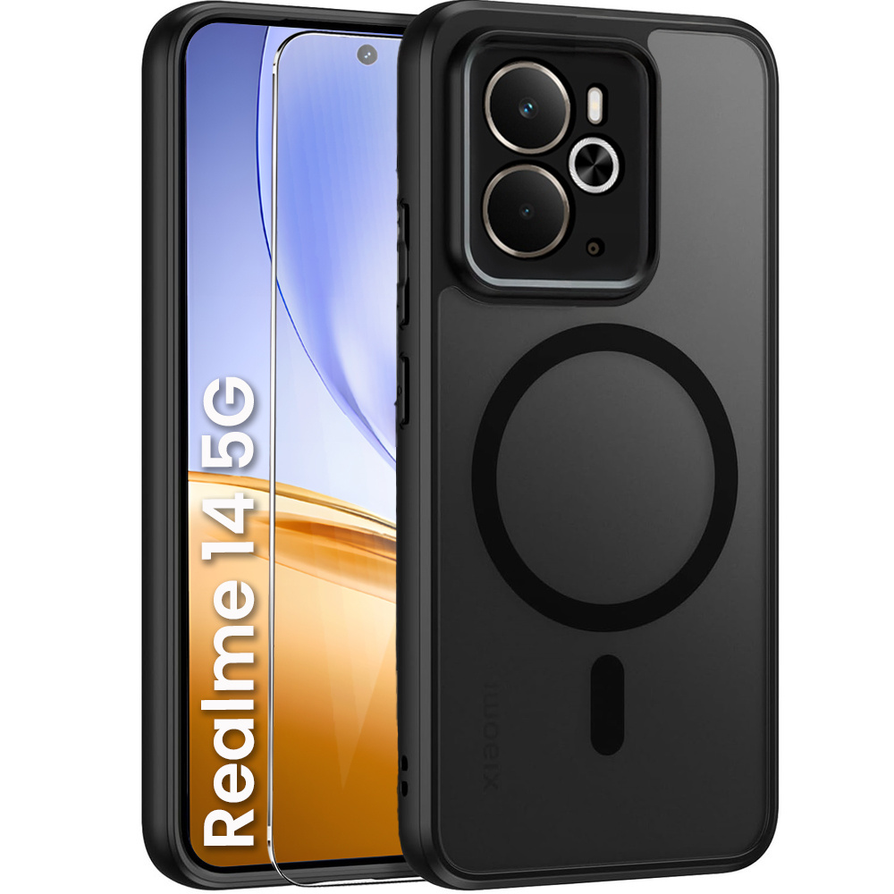 Schutzhülle Für Realme 14 5g / Realme 14t 5g, Mit Magsafe-funktion, Matt Schwarz + Displayschutzfolie Aus Glas