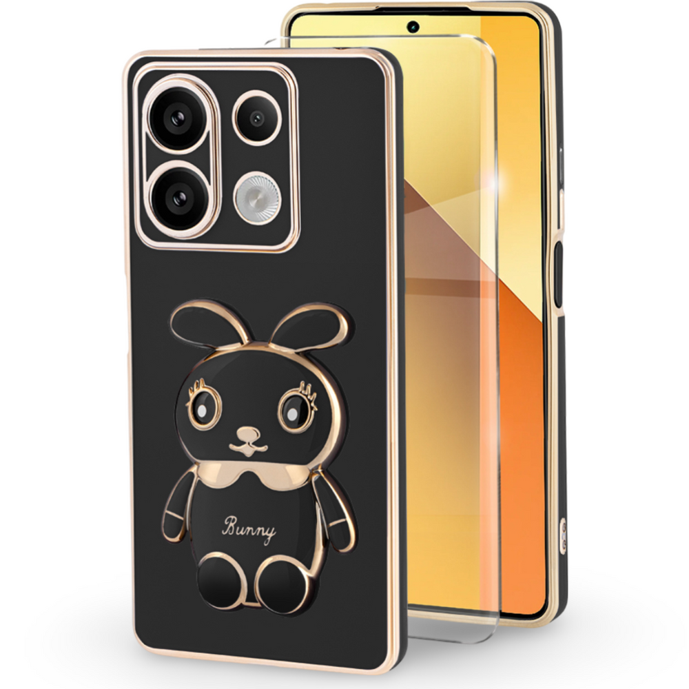 Schutzhülle Für Xiaomi Redmi Note 13 5g, Hasenmotiv, Schwarz + 9h-schutzglas