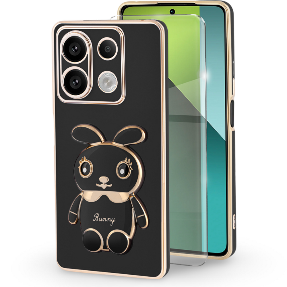Schutzhülle Für Xiaomi Redmi Note 13 Pro 5g, Hasenmotiv, Schwarz + 9h-schutzglas