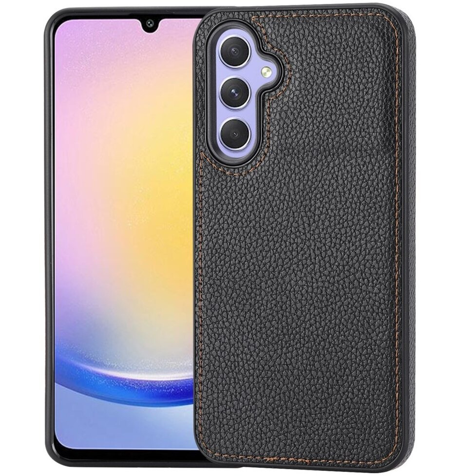 Lederhülle Für Samsung Galaxy A25 5g, Litschi-lederhülle, Schwarz + 9h-glas