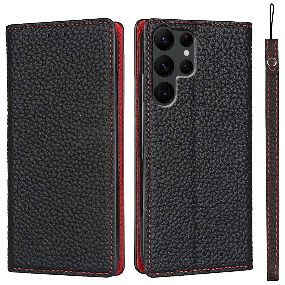 Lederhülle Für Samsung Galaxy S22 Ultra, Erbord Genarbtes Leder, Schwarz
