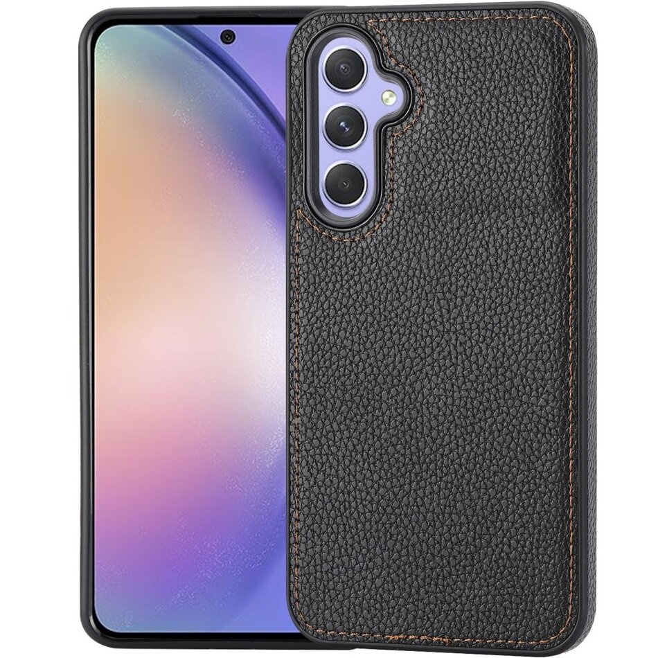 Lederhülle Für Samsung Galaxy S23 Fe + 9h-schutzglas, Litschi-lederhülle, Schwarz