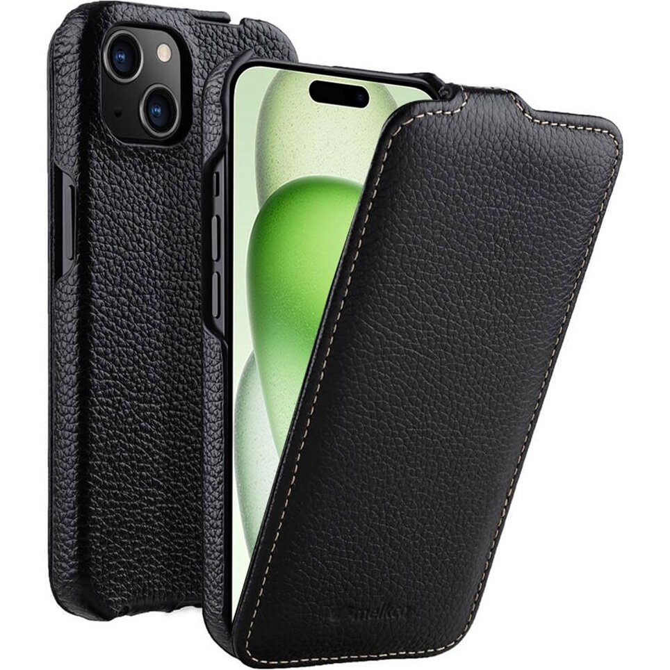 Melkco Flip-case Für Iphone 15, Leder, Schwarz