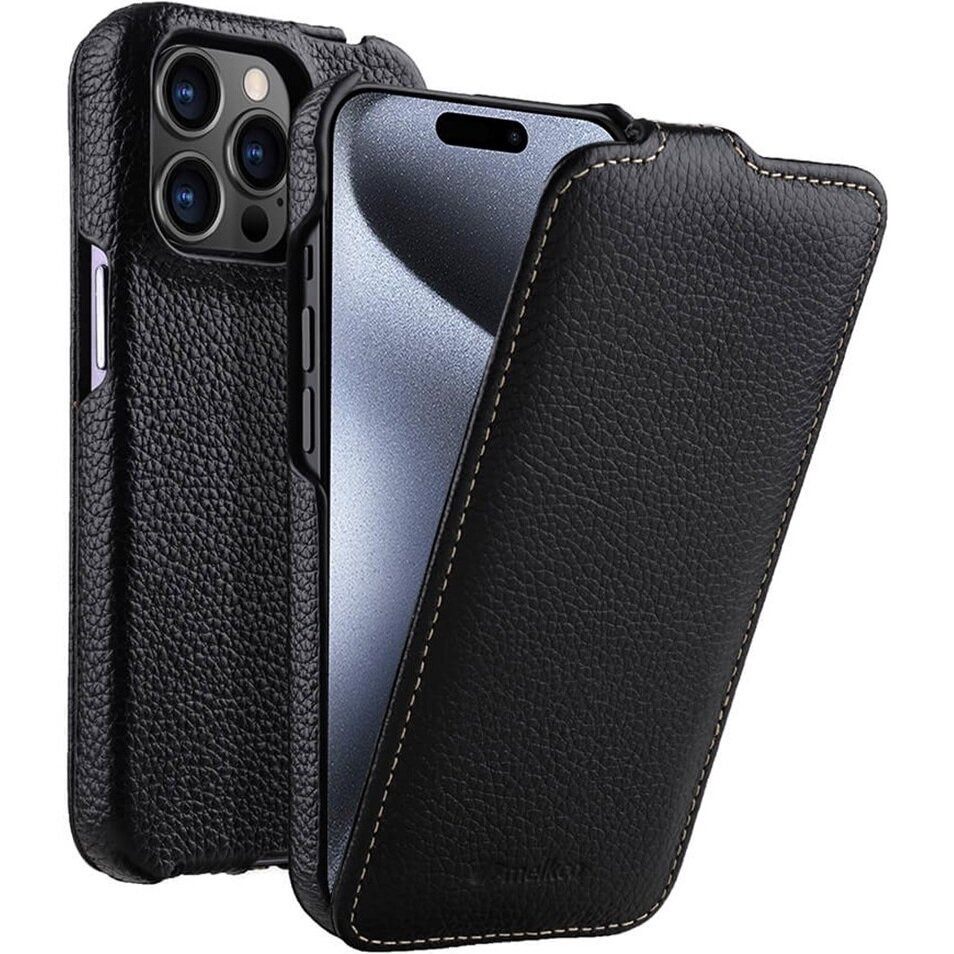 Melkco Flip Case Für Iphone 15 Pro Max, Leder, Klapphülle, Schwarz
