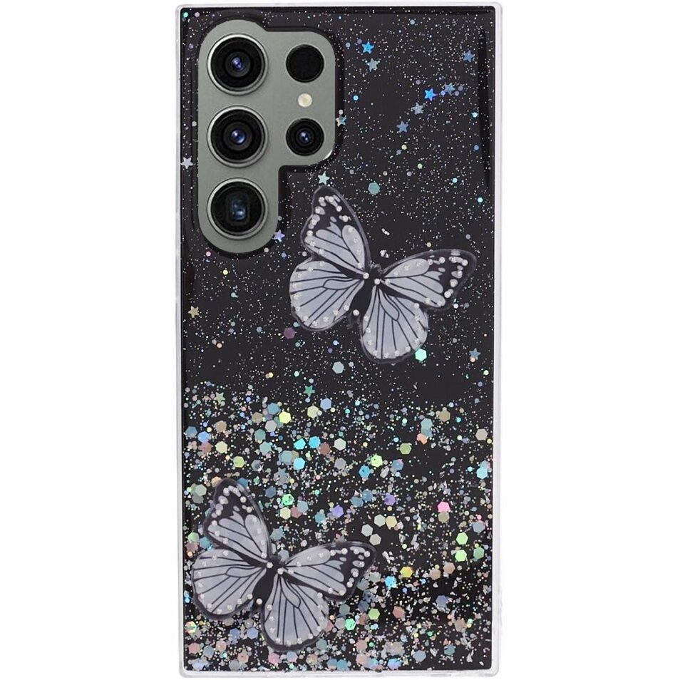 Samsung Galaxy S24 Ultra Hülle, Glitzer-schmetterling, Schwarz