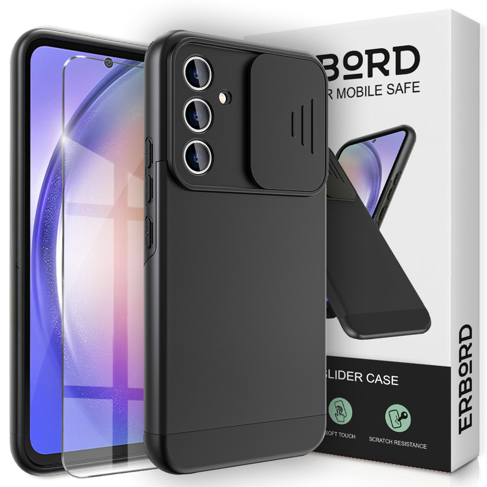 Schutzhülle Für Samsung Galaxy A54 5g, Erbord Cam Slider, Schwarz + Gehärtetes Glas