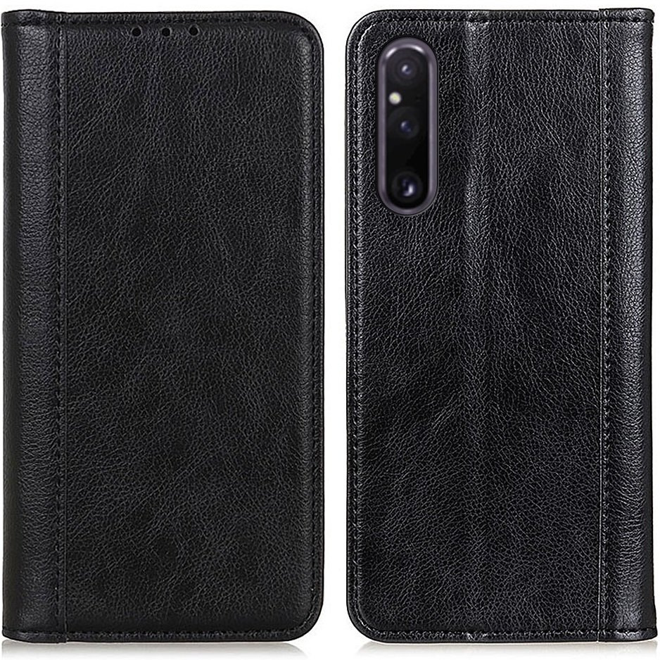 Schutzhülle Für Sony Xperia 1 V, Brieftaschenmodell Aus Litschi-leder, Schwarz