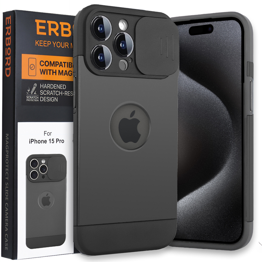 Iphone 15 Pro Hülle, Erbord Magprotect Cam Slider Für Magsafe, Schwarz + Gehärtetes Glas