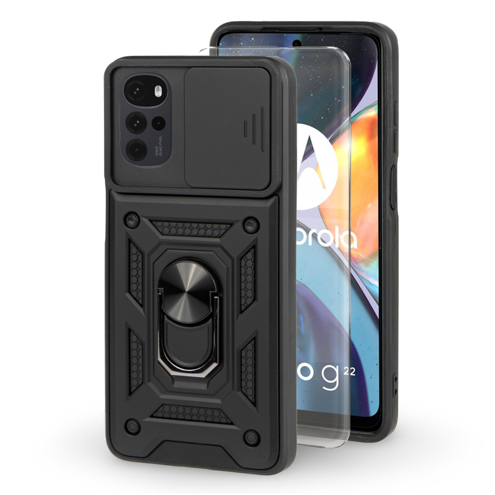 Motorola Moto G22/e32/e32s Hülle, Gepanzerter Slide Ring, Schwarz + 9h Glas