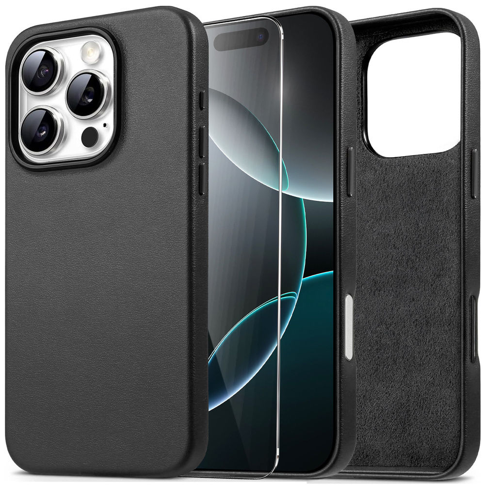Lederhülle Für Iphone 16 Pro Max, Erbord Leather Magsafe, Schwarz + Displayschutzfolie Aus Glas