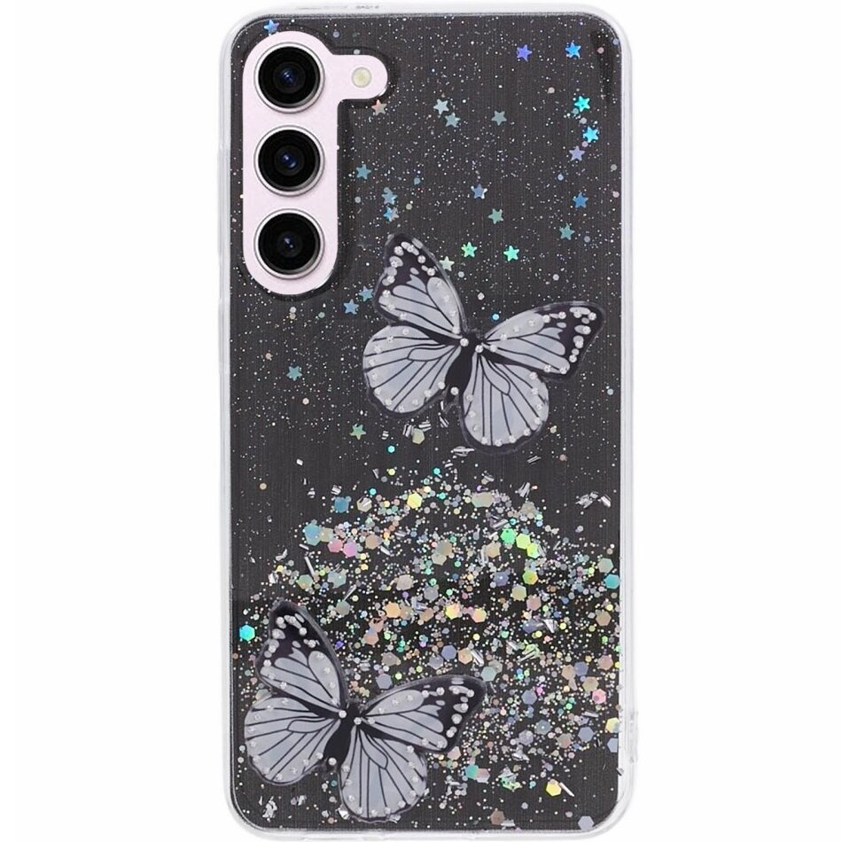 Samsung Galaxy S24 Hülle, Glitzer-schmetterling, Schwarz