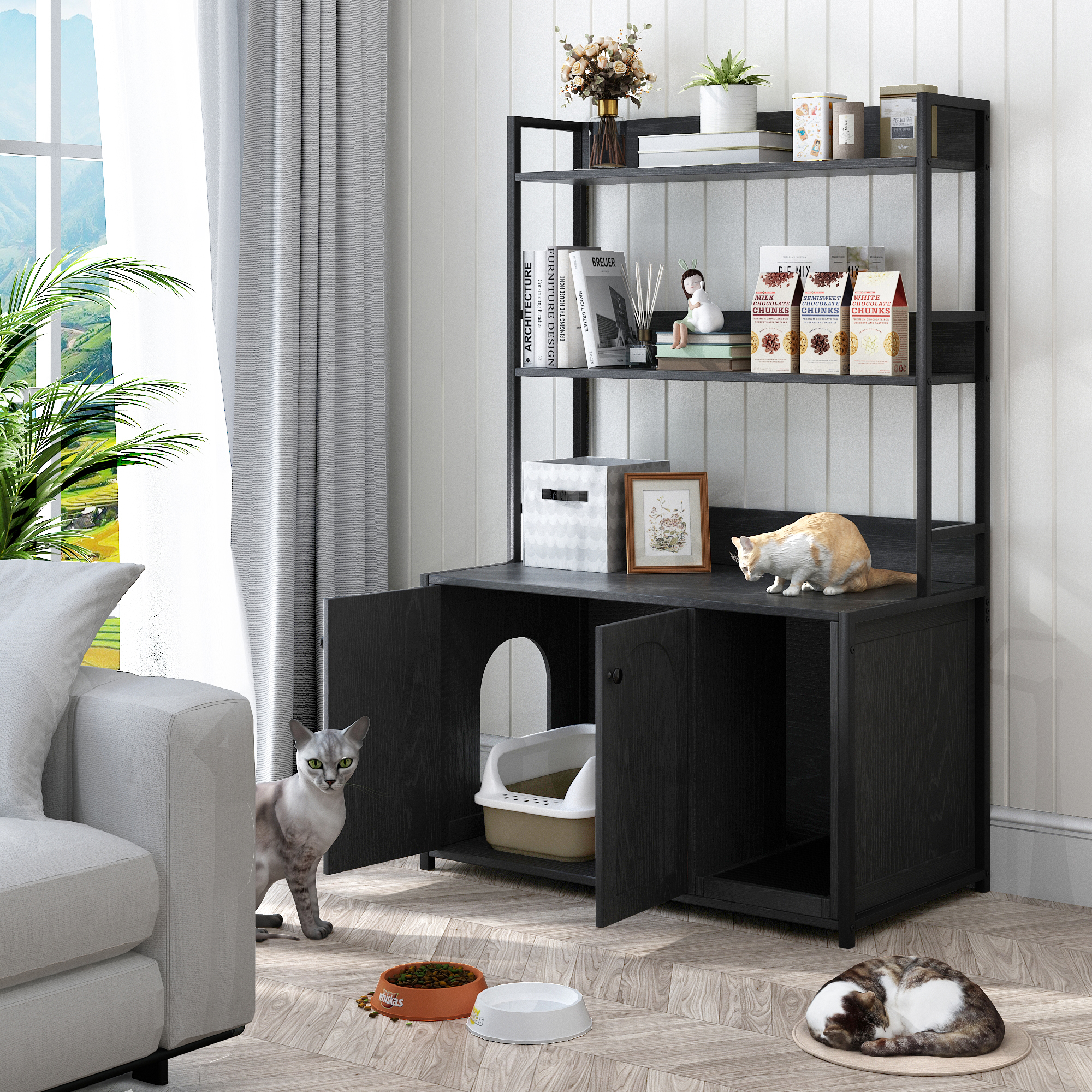 Katzentoiletten-schrank Mit Regal, Verstecktes Katzen-wc-möbel Mit Kratzfläche, 2 Türen, 89,5x45x132 Cm, Schwarz
