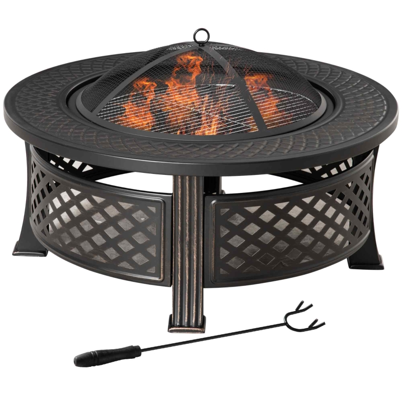 Feuerschale Mit Schürhaken Funkenschutz Feuerkorb Feuertisch Rund Feuerstelle Für Garten Bbq Stahl Schwarz 81 X
