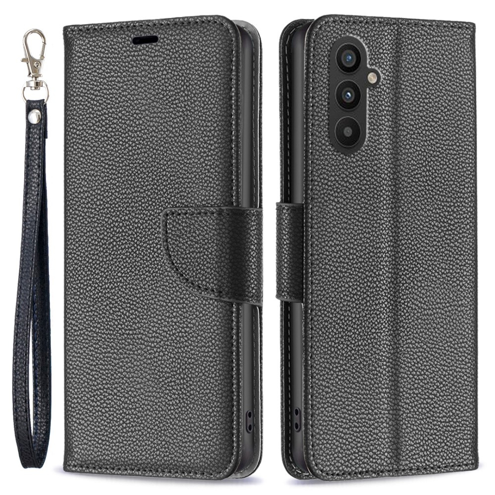 Klapphülle Für Samsung Galaxy A25 5g, Brieftaschenmodell Aus Litschi-leder, Schwarz + 9h-glas
