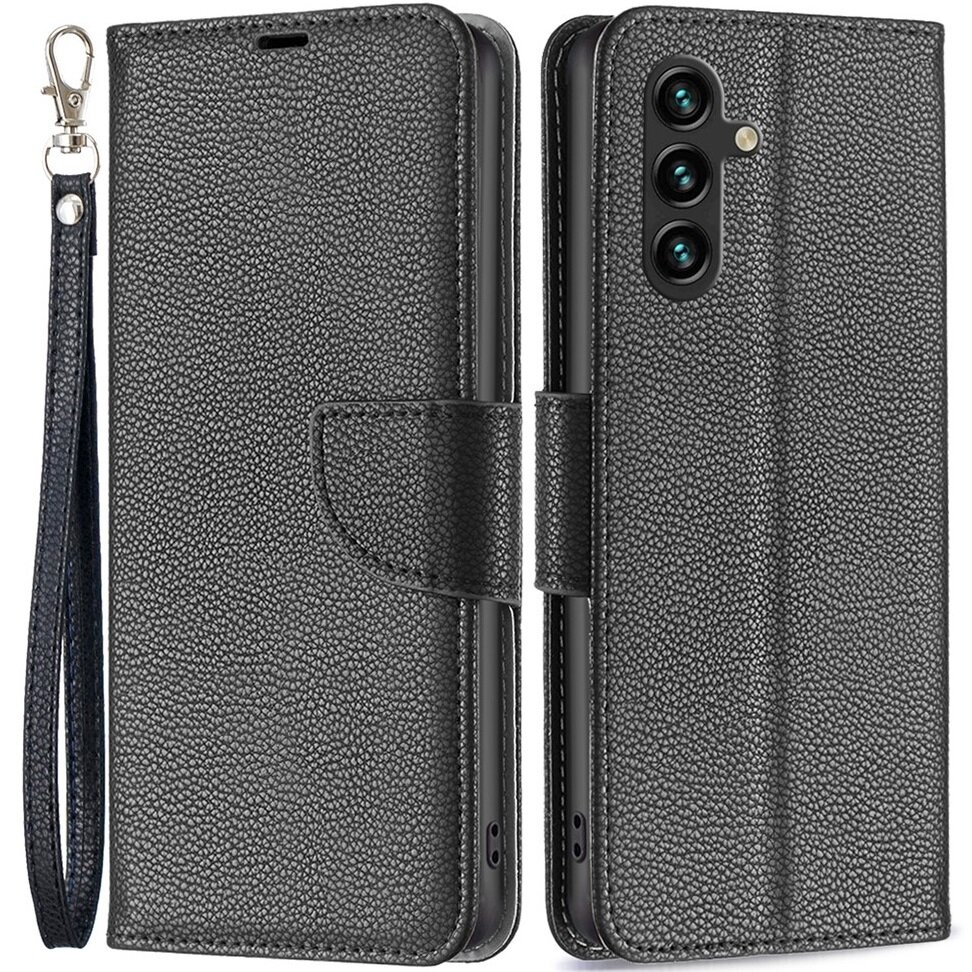 Klapphülle Für Samsung Galaxy A15, Brieftaschen-design Aus Litschi-leder, Schwarz + 9h-glas