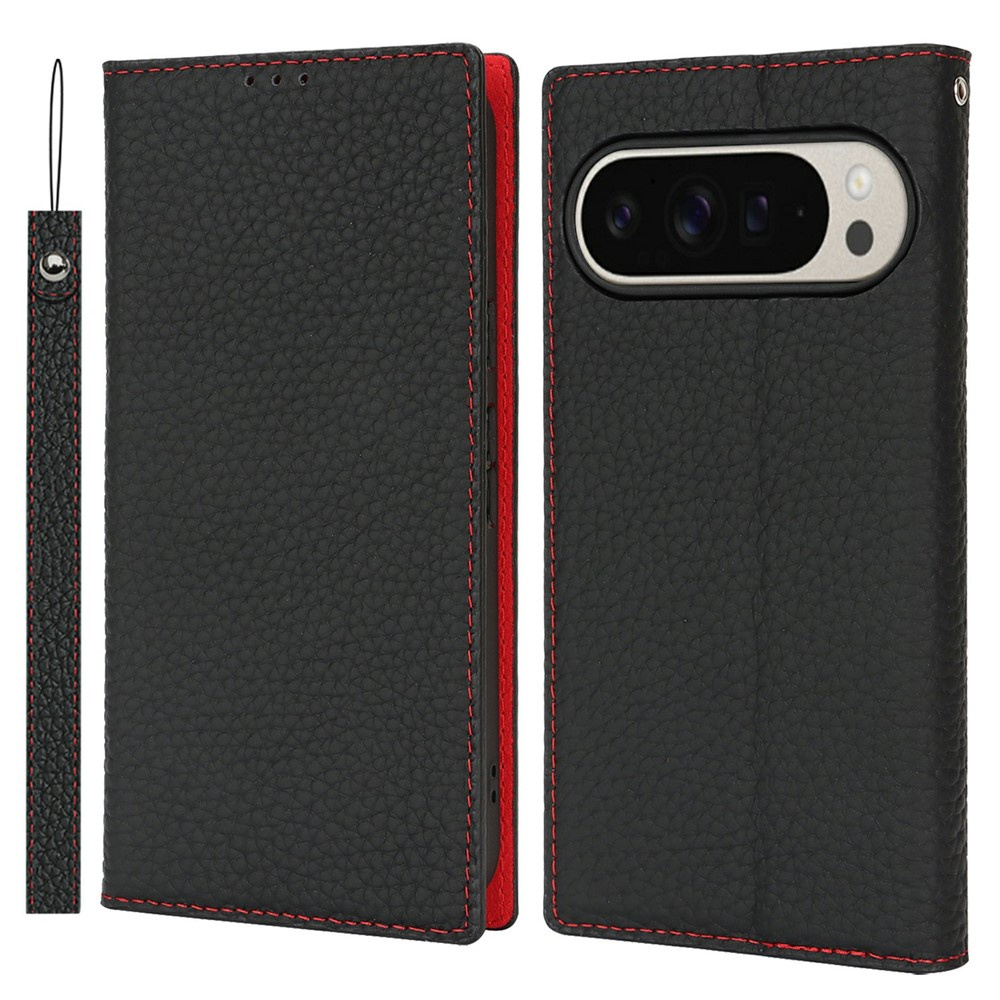 Google Pixel 10 Pro Xl Flip Case, Litschi-hautstruktur, Schwarz