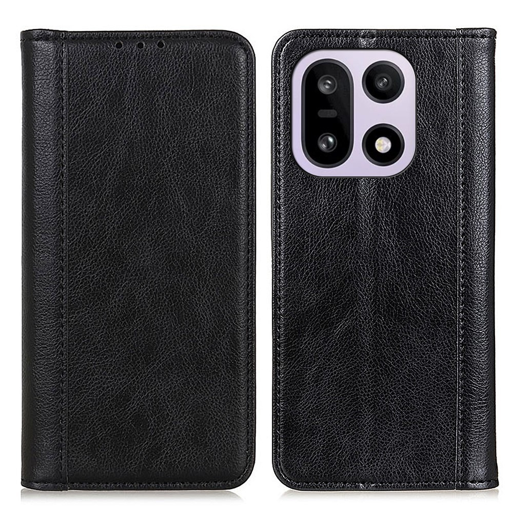 Oneplus 15 Flip Case, Spaltleder, Schwarz