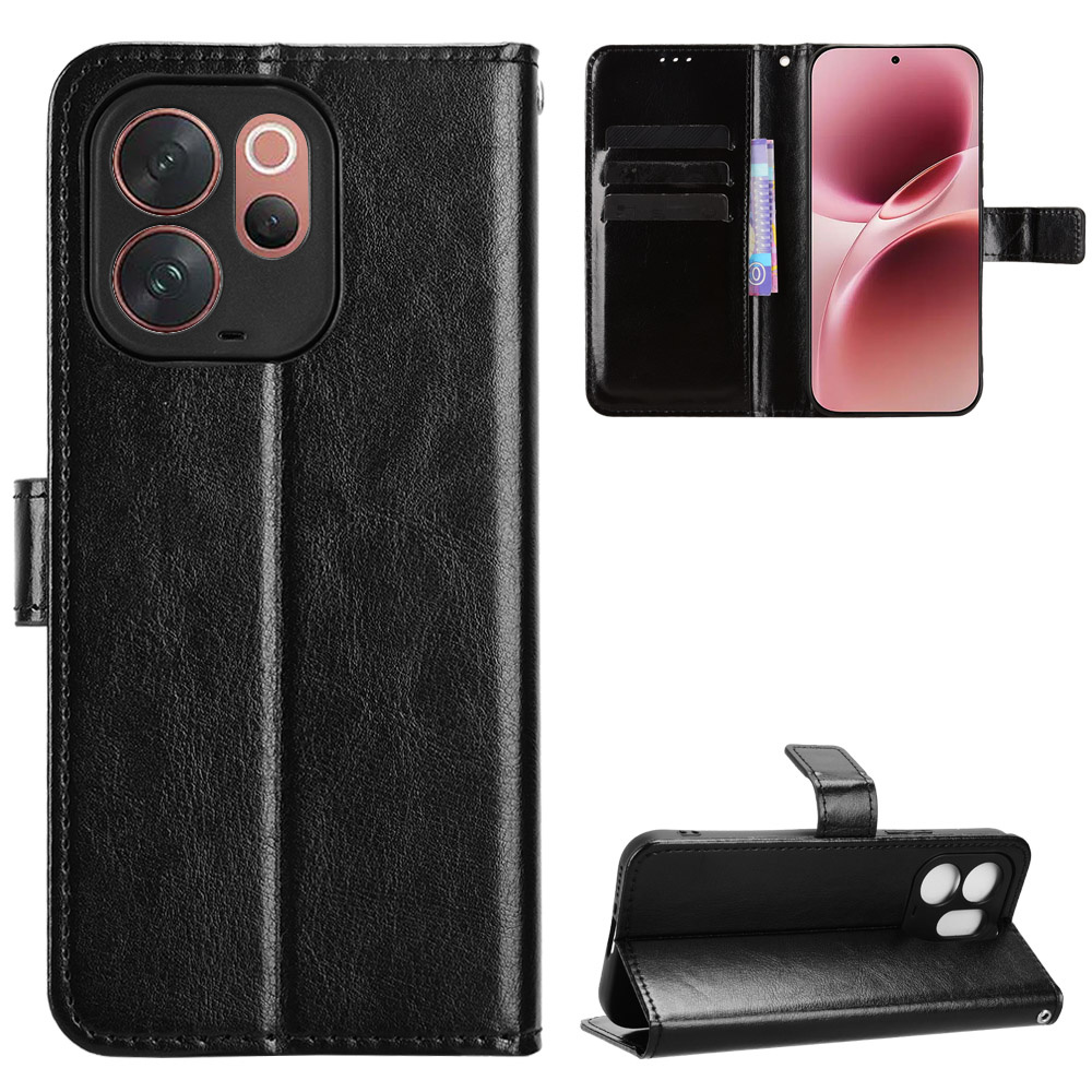 Crazy Horse Wallet Flip Case Für Vivo V70, Schwarz