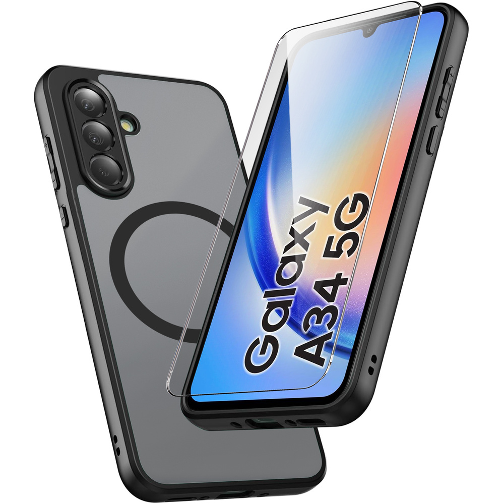 Samsung Galaxy A34 5g Hülle, Magsafe, Matt Schwarz + Displayschutzfolie