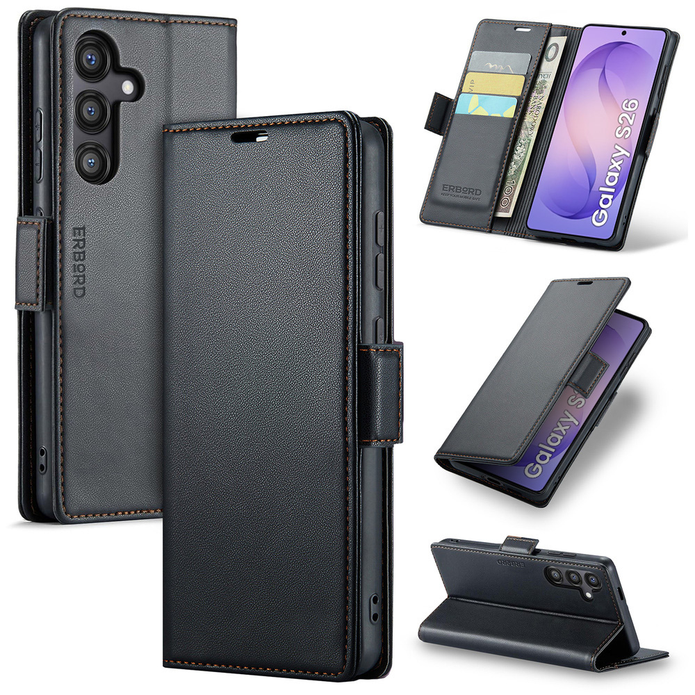 Samsung Galaxy S26 Hülle, Glänzendes Litschi, Klapphülle, Schwarz