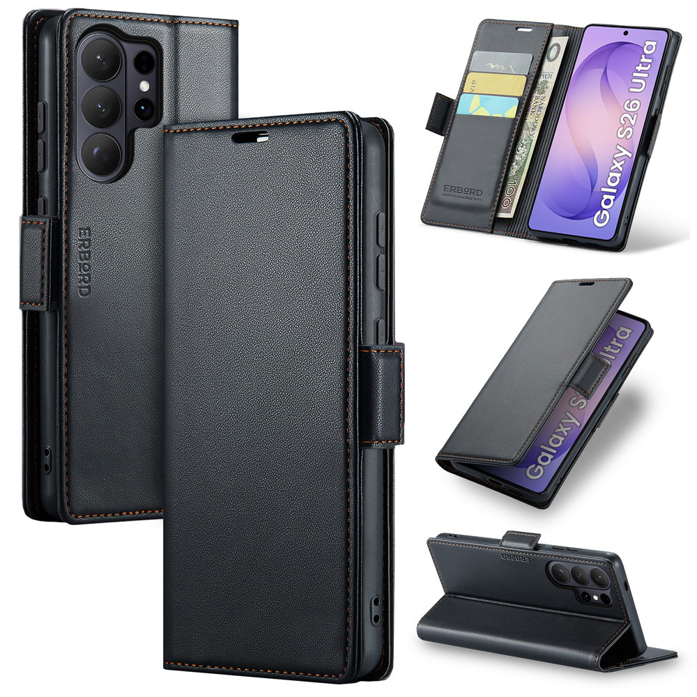 Samsung Galaxy S26 Ultra Hülle, Glänzendes Litschi, Klapphülle, Schwarz