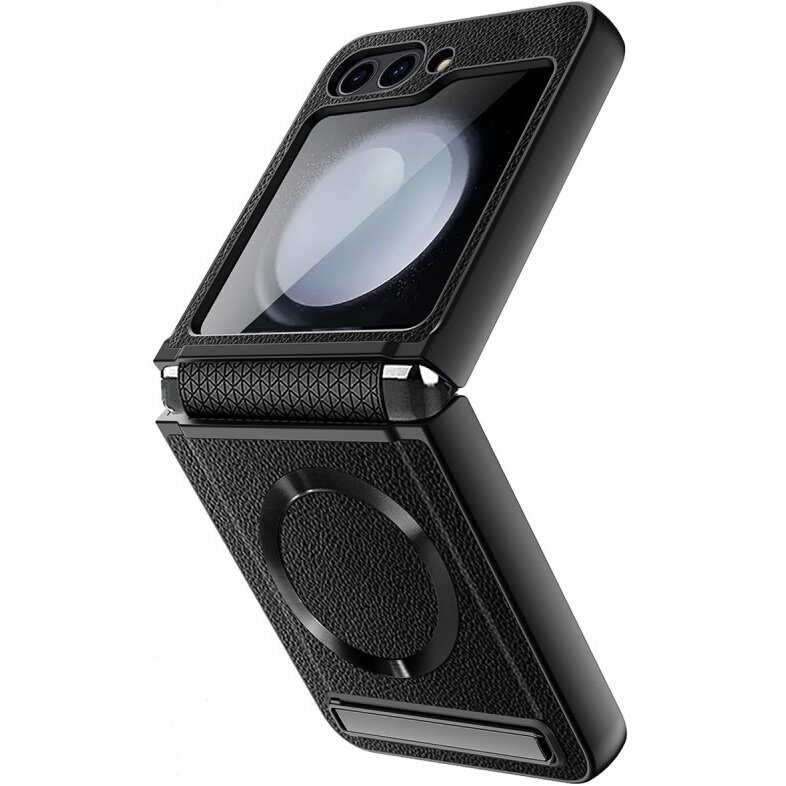 Samsung Galaxy Z Flip5 5g Leder-schutzhülle Mit Ständer Und Glas Für Magsafe, Schwarz