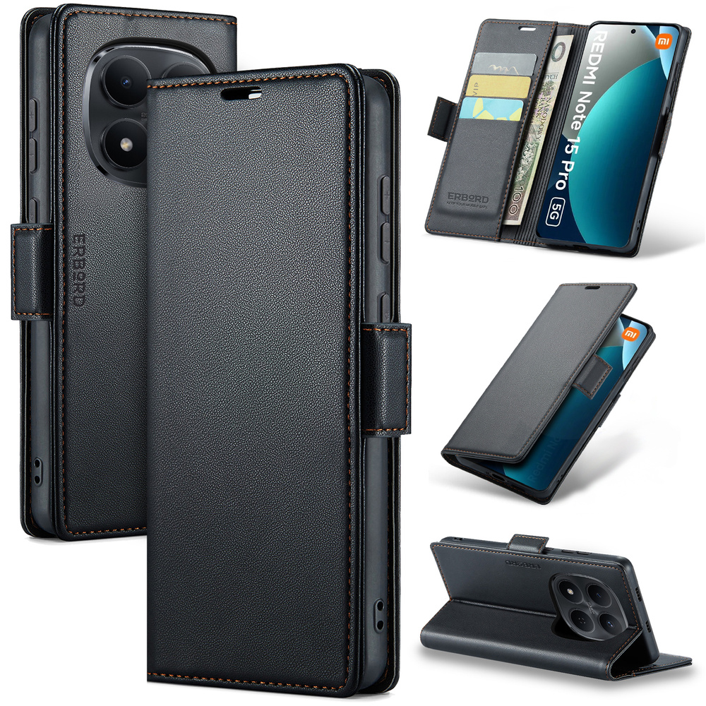 Xiaomi Redmi Note 15 Pro 5g Hülle, Glänzendes Litschi, Klapphülle Mit Brieftaschenfunktion, Schwarz