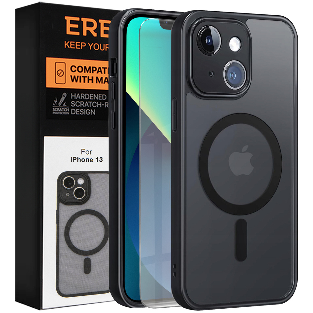 Iphone 13 Hülle, Magsafe-kompatibel, Matte Hülle, Schwarz + Displayschutzfolie