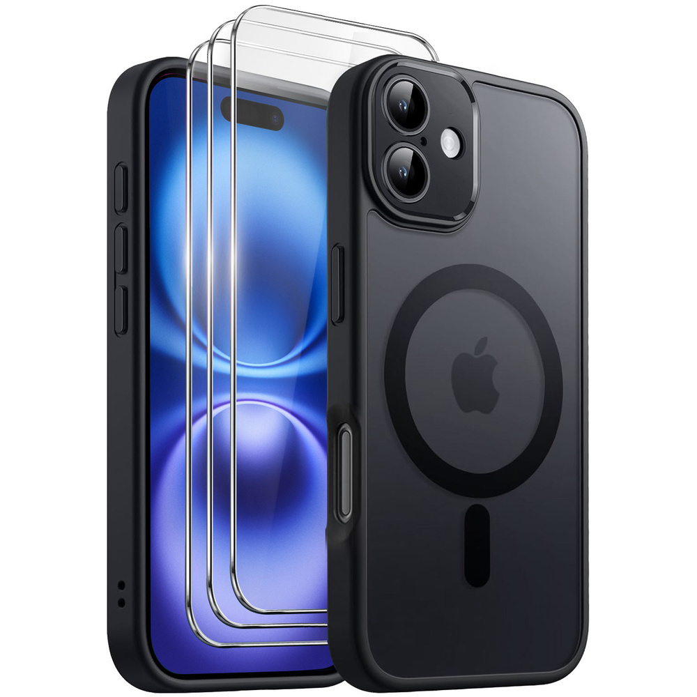 Schutzhüllen-set Für Iphone 16 Plus, Mit Magsafe-funktion, Mattschwarz + 3x Displayschutzfolien Aus Glas