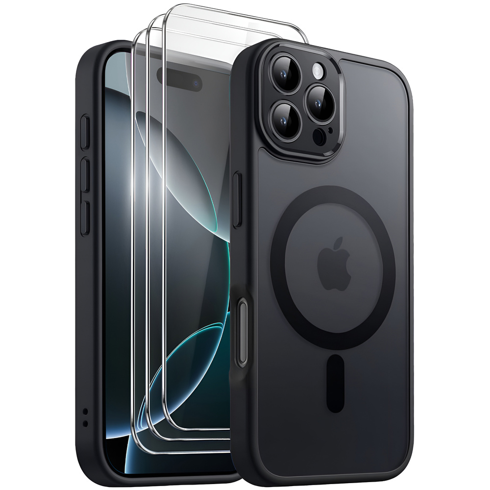Schutzhüllen-set Für Iphone 16 Pro Max, Mit Magsafe-funktion, Mattschwarz + 3x Displayschutzfolien Aus Glas