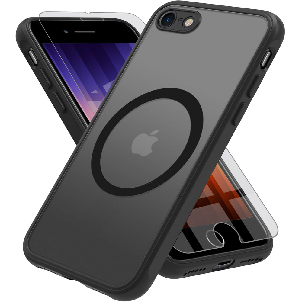 Schutzhülle Für Iphone 7/8/se 2020/se 2022, Mit Magsafe-funktion, Hybrid-hülle, Matt, Schwarz + Gehärtetes Glas