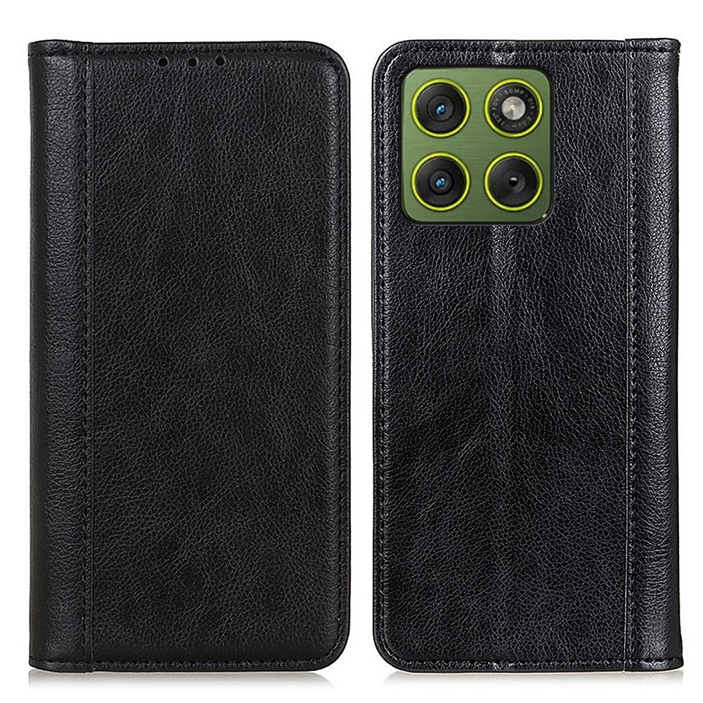 Motorola Edge 70 Flip-case Aus Spaltleder, Schwarz