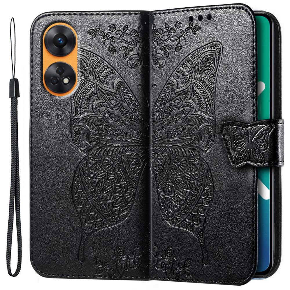 Flip-case-set Für Oppo Reno8 T, Schmetterling, Schwarz + Glas