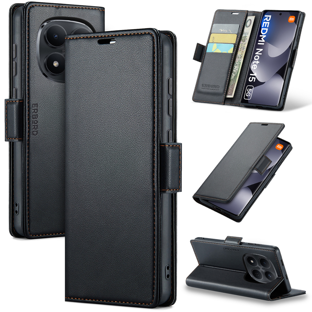 Schutzhülle Für Xiaomi Redmi Note 15 5g / Poco M8 5g, Glänzendes Litschi-rohling, Brieftaschenmodell Mit Klappe, Schwarz