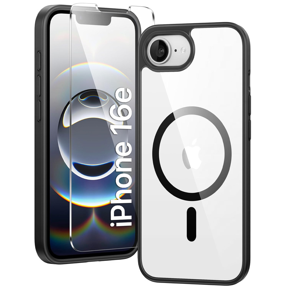 Magnetische Hülle Für Iphone 17e / 16e, Magsafe, Schwarz + 9h Gehärtetes Glas