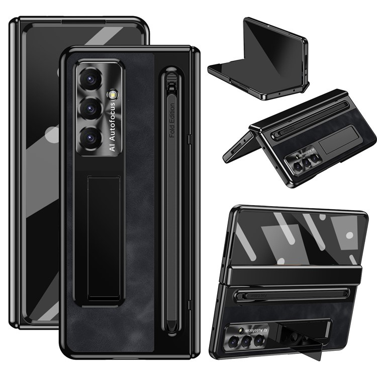 Lederhülle Für Samsung Galaxy Z Fold7 5g, Mit Ständer, Schutzglas Und Stift, Schwarz