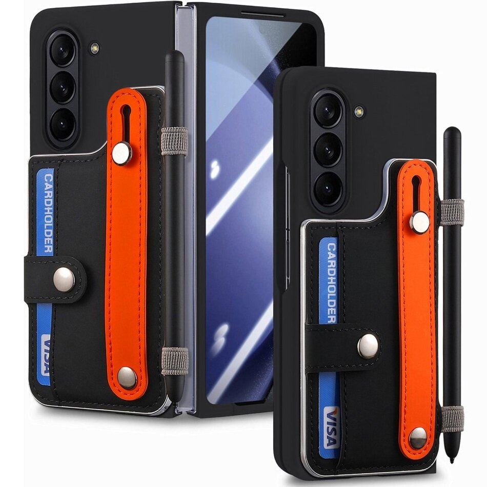 Lederhülle Für Samsung Galaxy Z Fold6 5g, Mit Ständer Und Schutzglas, Schwarz