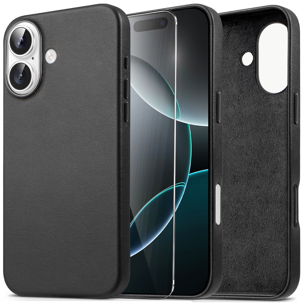 Lederhülle Für Iphone 16, Erbord Leather Magsafe, Schwarz + Displayschutzfolie Aus Glas