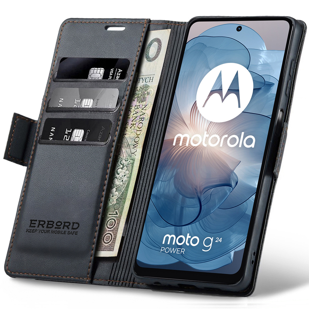 Schutzhülle Für Motorola Moto G24 / G24 Power / G04, Erbord Glossy Litchi, Brieftaschenhülle Mit Klappe, Schwarz