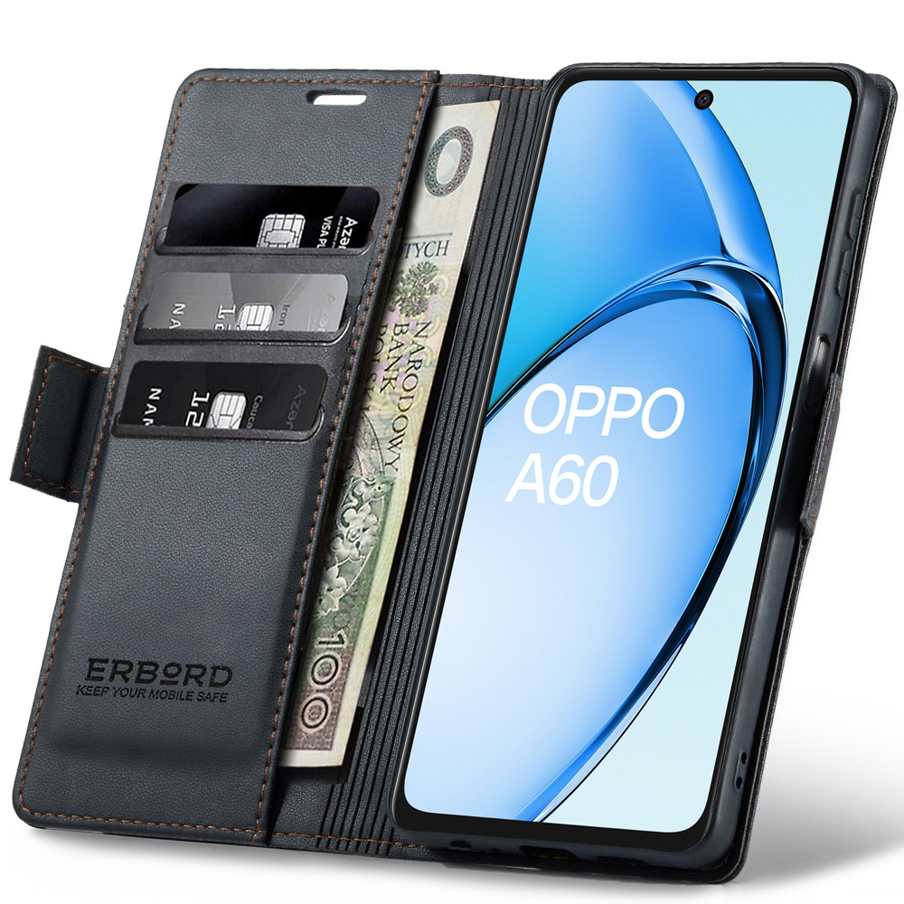 Oppo A60 Hülle, Glänzendes Litschi, Klapphülle, Schwarz