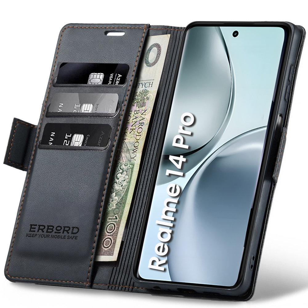 Realme 14 Pro 5g Hülle, Glänzende Litschi-klapphülle, Schwarz